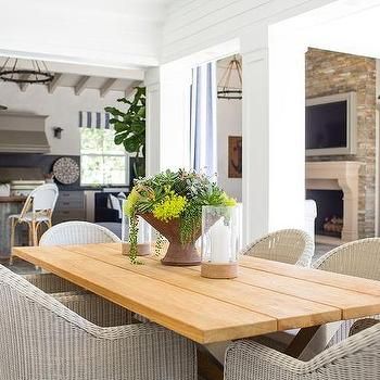 Outdoor Dining Table with Gray Wicker Dining Chairs Light Wood Dining Table, White Pool, White Brick Fireplace, Mediterranean Living, Outdoor Dining Room, Wicker Dining Chairs, Deck Patio, Coastal Interiors, Outdoor Dining Table