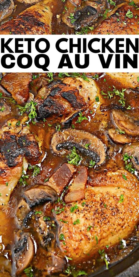 Keto Chicken Coq Au Vin #ketochickencoqauvin #chickencoqauvin Chicken Coq Au Vin Recipe, Chicken Coq Au Vin, Dinner Food Recipes, Melting Potatoes Recipe, Keto Wine, Braised Chicken Recipes, Coq Au Vin Recipe, Healthy Wine, French Recipe