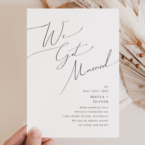 Whimsical Minimalist Script Elopement Announcement Whimsical Minimalist, Chic Typography, Wedding Announcement Cards, Elopement Announcement, Boho Elopement, Wedding Playlist, Handwritten Calligraphy, White Minimal, We Get Married