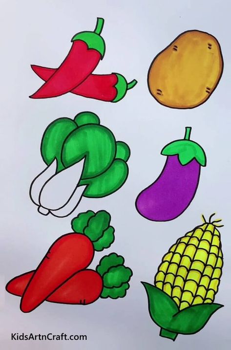 Easy Fruit & Vegetable Drawings For Kids Check more at https://www.kidsartncraft.com/easy-fruit-vegetable-drawings-for-kids/ Vegetable Easy Drawing, Fruit And Vegetable Drawing, Vegetable Drawing Simple, Fruits Drawing Easy, Vegetable Drawing For Kids, Fruits Drawing For Kids, Vegetables Drawing For Kids, Vegetable Drawings, Drawing Easy Step By Step