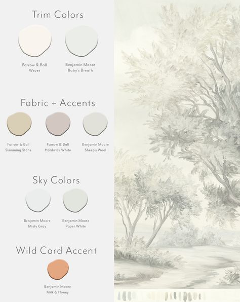 We selected our favorite paint color choices to go with our Rowlandson Gray muralpaper: Farrow & Ball Wevet | Benjamin Moore Baby's Breath | Farrow & Ball Skimming Stone | Farrow & Ball Hardwick White | Benjamin Moore Sheep's Wool | Benjamin Moore Misty Gray | Benjamin Moore Paper White | Benjamin Moore Milk and Honey Susan Harter, Paper White Benjamin Moore, Hardwick White, Benjamin Moore Linen White, Benjamin Moore Balboa Mist, Interior Paint Colors Schemes, Skimming Stone, Oval Room Blue, Camp House