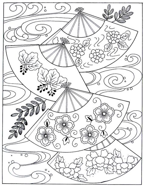 Japanese Fans Drawing, Japanese Coloring Book, Japanese Colouring Pages, Cute Japanese Coloring Pages, Asian Coloring Pages, Japanese Coloring Pages, Flower Colouring Pages, Waves Japanese, Japanese Fans