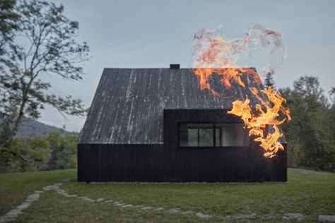 Mjölk Architekti updates cottage with burnt wood cladding and revamped interior Burnt Timber, Wood Facade, Burnt Wood, Cosy Living, Timber Panelling, Wood Cladding, Cozy Living Spaces, House Blend, Old Cottage