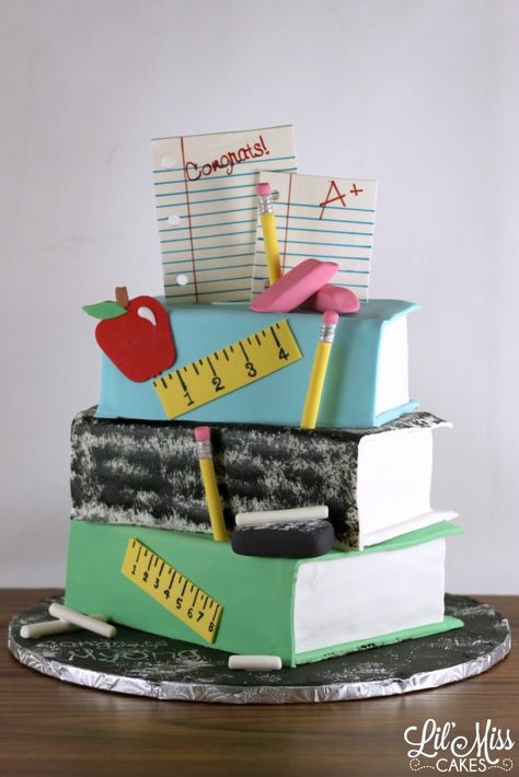 Teachers Book Stack Cake | Lil Miss Cakes Teacher Birthday Cake, Library Cake, Teachers Day Cake, Cake Paris, Miss Cake, Teacher Cakes, Paris Cakes, First Communion Cakes, Retirement Cake