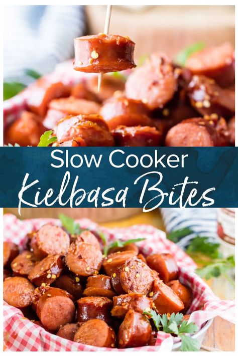 Crock Pot Kielbasa Sausage Bites are a tailgating favorite! This sweet and spicy kielbasa appetizer is SO EASY to make. There's nothing better than a slow cooker kielbasa recipe to make an easy game day appetizer. They are so addicting! #thecookierookie #kielbasa #sausage #appetizer #gameday #superbowlrecipes #crockpot #slowcooker via @beckygallhardin Slow Cooker Sweet And Sour Kielbasa, Kielbasa Recipes Instapot, Kelbosia Sausage Crockpot, Honey Kielbasa Recipes, Sweet Sour Kielbasa Crock Pot, Crock Pot Kabasa Recipes, Kabasa Sausage Appetizer, Keilbasa Recipes Easy Crock Pot, Slow Cooker Kielbasa And Barbecue Beans