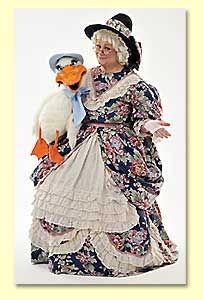 mother goose costumes with a puppet goose | Hi, everyone ! Say hello to Goosey!" Goose Costume Diy, Mother Goose Costume, Character Day Ideas, Goose Costume, Granny Costume, Goose Dress, Cultural Appreciation, Book Character Day, Book Character Costumes