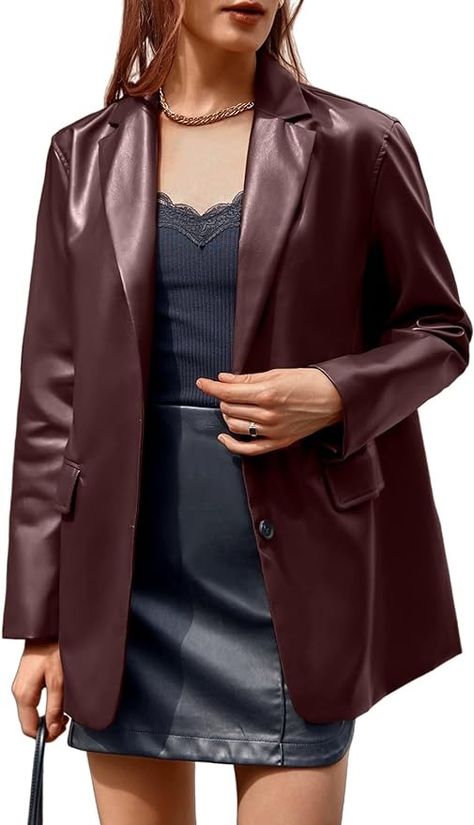 Fisoew Women Faux Leather Blazer Jackets Long Sleeve Button Down Oversized Vintage Lapel Jacket at Amazon Women's Coats Shop Trendy Leather Jacket, Faux Leather Blazer, Leather Blazer Jacket, Lapel Jacket, Leather Blazer, Blazer Jacket, Retro Fashion, Coats For Women, Winter Outfits