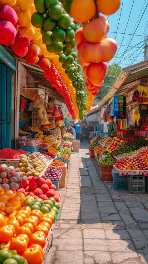 Vibrant Market Alley: A colorful display of fresh fruits and vegetables line the alley of a bustling outdoor market. #market #fruits #vegetables #colorful #fresh #aiart #aiphoto #stockcake ⬇️ Download and 📝 Prompt 👉 https://ayr.app/l/5ti7 Super Market Photography, Market Pictures, Markets Aesthetic, Market Photoshoot, Fruit Market, Fruit Stall, Fish Monger, City Backdrop, Traditional Market