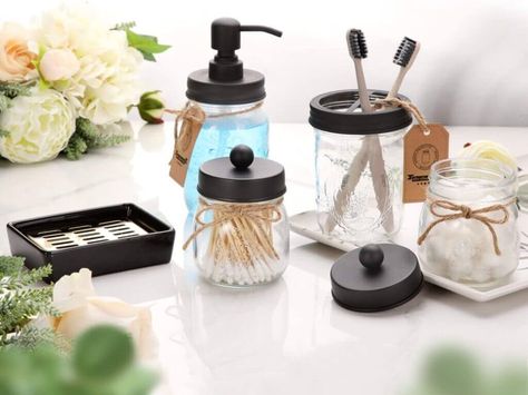 10 Organization Ideas For Small Bathrooms Toilet Countertop, Toothbrush Holder Ceramic, Mason Jar Toothbrush Holder, Cotton Swab Holder, Mason Jar Accessories, Countertop Vanity, Ceramic Toothbrush Holder, Mason Jar Soap Dispenser, Mason Jar Bathroom