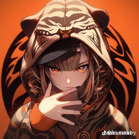 Plain Orange Background, Female With Brown Hair, Tiger Girl, Tiger Hoodie, Cartoon Tiger, Orange Eyes, Gamer Pics, Profil Anime, Digital Portrait Art