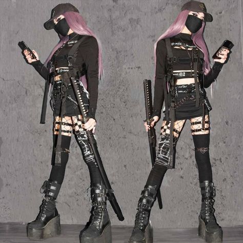 Summer Techwear Outfits Women, Feminine Techwear, Cyberpunk Fits, Tech Goth, Techwear Outfits Women, Techwear Summer, Female Techwear, Techwear Girl Outfit, Fanfic Outfits