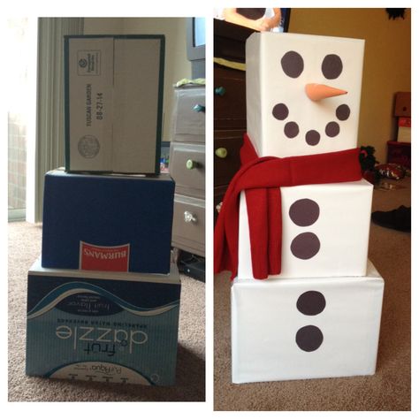 Build A Snowman With Boxes, Frosty The Snowman Decorations Office, Snowman Out Of Boxes, Christmas Box Ideas For Kids, Frosty The Snowman Decorations, Popsicle Stick Snowman, Budget Christmas Decorations, Christmas Box Ideas, Box Ideas For Kids