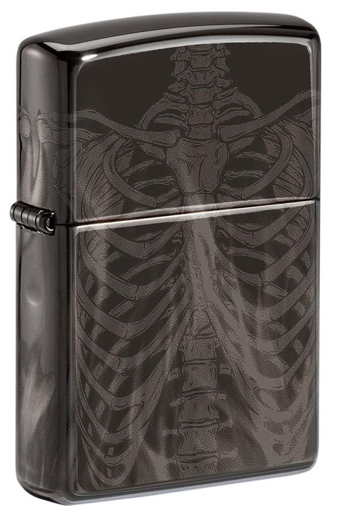 Front view of Rib Cage Design High Polish Black Windproof Lighter standing at a 3/4 angle. Kimono Pattern Design, Zippo Art, Engraved Lighter, Custom Lighters, Cool Lighters, 360 Design, Windproof Lighter, Free Stuff By Mail, Tattoo Style Drawings