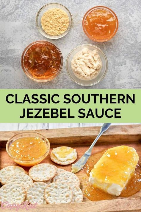 Jezebel Sauce is a popular sauce served over cream cheese for a party appetizer. You can also use it for cooking pork tenderloin and chicken. Get the easy recipe and find out how to make the best jezebel sauce with a few simple ingredients. This delicious southern sauce is sweet with a spicy hot kick. #jezebelsauce #appetizerideas #southernfood Sweet And Spicy Jezebel Dip, Jezabell Dip, Sweet Gravy For Pork, Hot Jezebel Sauce, Jezebel Dip Recipe, Jezebel Sauce Recipes, Jezebel Sauce Southern Living, Dipping Sauce For Pork Tenderloin, Jesabell Sauce