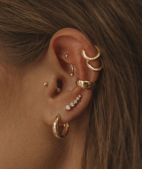 The Cz Ear Climber – Jay Nicole Designs Full Ear Pearcing, Ear Piercings Inspiration Baddie, Whimsical Ear Piercings, Ear Piercing Arrangements, Eat Peircings Women, Pretty Ear Piercings Unique, Ear Design Piercing, Gold Ear Piercings, Curated Ear Piercing