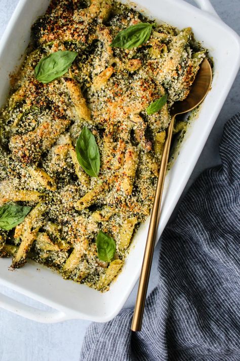 Easy Baked Pesto Pasta (Vegetarian Recipe) | Walder Wellness, Dietitian Penne Pesto, Walder Wellness, Vegetarian Casserole Recipes, Pasta Vegetarian, Homemade Pesto Recipe, Baked Penne, Vegetarian Casserole, Pasta Pesto, Vegetarian Recipe