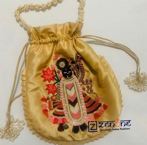 Shreenathji Work Blouse, Aari Work Potli Bag, Fabric Bag Design, Printed Kurti Designs, Khatli Work, Cotton Blouse Design, Potli Bag, Hand Beaded Embroidery, Embroidered Handbag