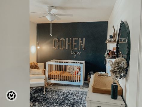 Nursery With Black Accent Wall, Modern Black Nursery, Black And Oak Nursery, Dark Accent Wall Nursery, Black Wall Nursery Boy, Black Nursery Wall, Black Accent Wall Nursery Boy, Nursery With Black Wall, Black Boho Nursery