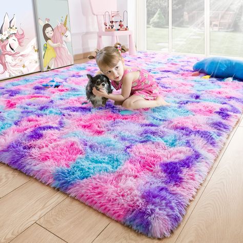 Girls Bedroom Rug, Fuzzy Area Rug, Rainbow Rugs, Pink Bedroom For Girls, Soft Bedroom, Carpets For Kids, Rainbow Rug, Popular Decor, Plush Carpet