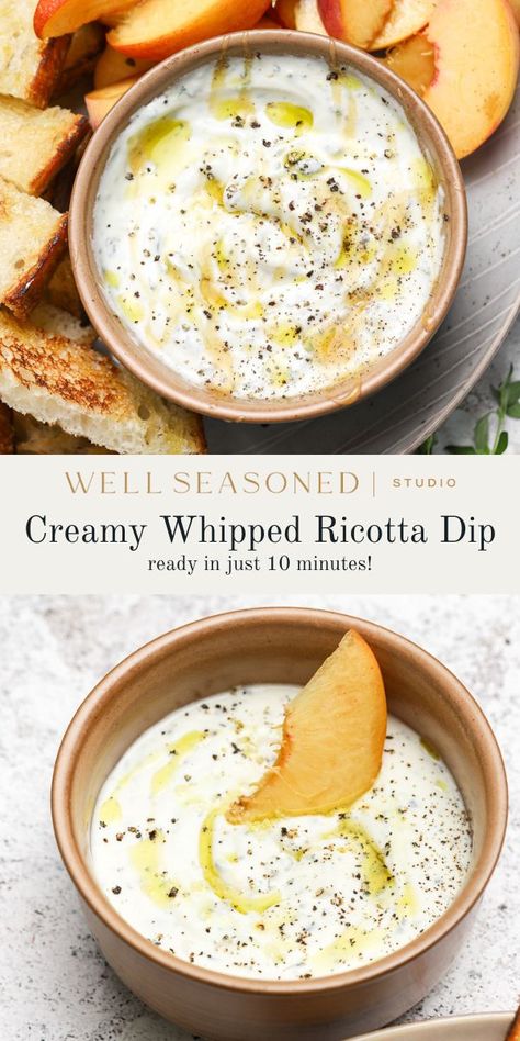 This creamy Whipped Ricotta is a quick and easy appetizer that can be on the table in less than 10 minutes! Perfect for parties or as a snack, this dip is as versatile as it is delicious. We love to use a variety of leftover herbs to add flavor, but it's also delicious with just olive oil, lemon juice, and a drizzle of honey. Endlessly adaptable! GF, Vegetarian #wellseasonedstudio #whippedricotta #ricotta #dip #ricottacheese Whipped Lemon Ricotta Dip, Ricotta Uses, Lemon Ricotta Dip, Ricotta Dip With Honey, Whipped Ricotta With Honey, Whipped Ricotta Dip, Whipped Ricotta Recipe, Food Essentials, Ricotta Dip