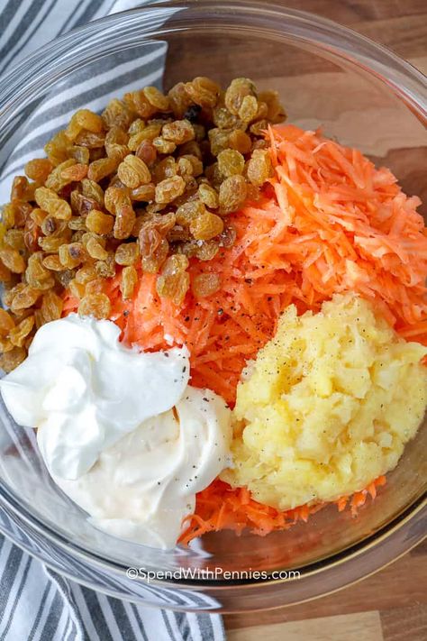 This easy carrot salad recipe is a kid friendly side dish that is perfect for potlucks. We love making this easy classic carrot salad to bring with us! #spendwithpennies #carrotsalad #carrots #carrot #salad #sidedish #classiccarrotsalad Easy Carrot Salad, Kid Friendly Side Dishes, Classic Coleslaw Recipe, Salad Decoration, Carrot Raisin Salad, Carrot Salad Recipes, Fruit Fruit, Fresh Salad Recipes, Spend With Pennies