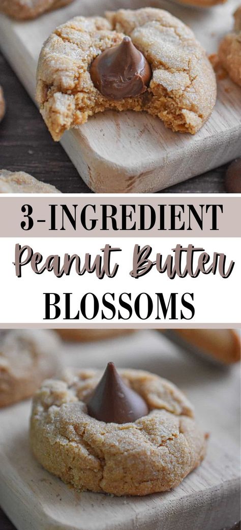 3 Ingredient Peanut Butter Blossoms, Peanut Butter Kiss Cookies Easy, 3 Ingredient Peanut Butter Cookies Easy, Hersey Kiss Cookie Recipes, Desserts With Hershey Kisses, Peanut Butter Cookies With Hershey Kiss, Peanut Butter Kiss Cookie Recipe, Peanut Butter Cookies 3 Ingredient, Peanut Butter Hershey Kiss Cookies