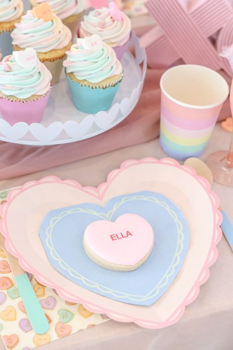 Valentines table setting, candy hearts party, sugar cookies hearts Candy Heart Birthday Party, Sweetheart Candy Decorations, Sweetheart Birthday Party Ideas, Sweethearts Candy, Sweetheart Candy, Valentines Birthday Party, Month Ideas, February Month, Valentine Candy Hearts