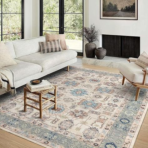 Amazon.com: Domitapis Area Rug 8×10, Large Vintage Boho Rug,Ultra-Soft Low Pile, Washable, Non Slip,Stain Resistant, Carpet for Living Room Bedrooms Playroom Office Kitchen, Beige/Blue : Home & Kitchen Boho Blue Living Room, Beige Carpet Living Room, Sala Vintage, Blue Couch Living Room, Kitchen Beige, Room Bedrooms, Ruggable Rug, Blue Couches, Living Room Plants