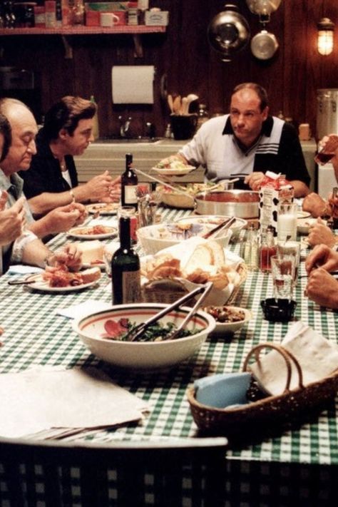 Tony Soprano at dinner table. Sopranos Quotes, Steve Buscemi, The Sopranos, Tony Soprano, Family Cookbook, Baked Ziti, Hbo Series, Sunday Dinner, Six Feet Under