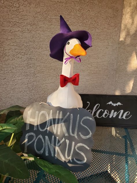 Hocus pocus witch hat for yard or porch goose purple diy Goose Costume, Porch Goose, Purple Diy, Lawn Goose, Goose Dress, Halloween Witch Costume, Goose Clothes, What The Duck, Crochet Garden