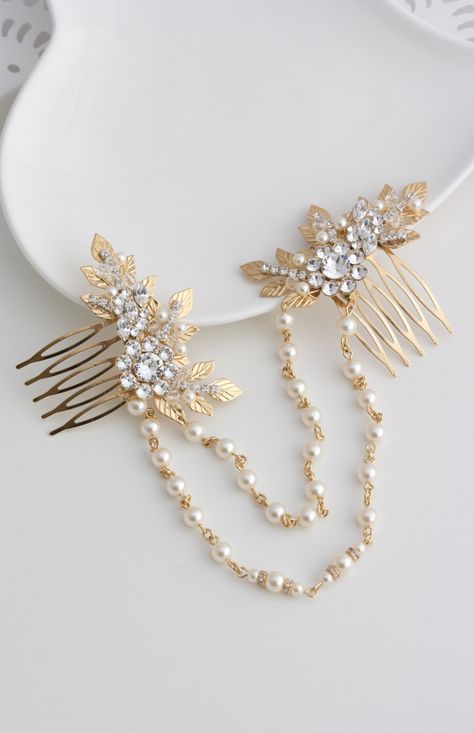 Gold leaf hairpiece Hair Chain Wedding, Wedding Headpiece Vintage, Bridal Hair Combs, Bridal Hair Chain, Gold Headpiece Wedding, Handmade Comb, Leaf Headpiece, Hair Chain, Sac Diy