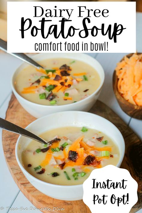 Non Dairy Potato Soup Recipes, No Milk Potato Soup, Potato Soup Crock Pot Dairy Free, No Dairy Potato Soup, No Cream Potato Soup, Dairy Free Gluten Free Potato Soup, Potato Soup With Almond Milk, Dairy Free Potato Soup Crock Pot, Potato Soup No Dairy