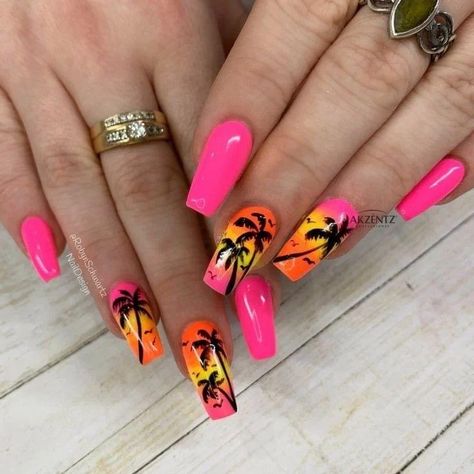 Hawaii Nails Palm Trees, Orange Nails With Palm Tree, Neon Nails With Palm Trees, Nail Designs With Palm Trees, Jamaica Nail Designs Art Ideas, Neon Palm Tree Nails, Palm Trees Nail Art, Summer Nails With Palm Trees, Beach Nails Palm Tree