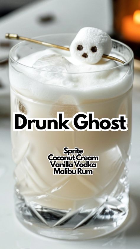 Enjoy the refreshing taste of a Drunk Ghost. This drink blends Malibu rum, vanilla vodka, and coconut cream perfectly. The hint of Sprite adds a fizzy twist, while the marshmallow garnish gives it a playful touch. #drunkghost #halloweencocktails via @mybartender Coconut Rum Halloween Drinks, Marshmallow Alcoholic Drink, Malibu Rum Halloween Drinks, Alcoholic Party Ideas, Milky Alcoholic Drinks, Drunk Ghost Cocktail, Good Alcoholic Drinks Easy, Cute Halloween Drinks Alcohol, Halloween Themed Cocktail Recipes