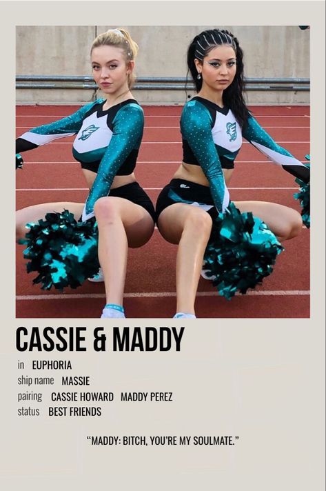 minimal polaroid relationship poster for cassie & maddy from euphoria Maddy X Cassie, Maddy And Cassie Cheerleader, Cassie Euphoria Cheerleader Makeup, Maddy Y Cassie, Cassie Maddy, Maddy Perez Poster, Maddy Perez Drawing, Cassie And Maddy Euphoria, Maddy And Cassie