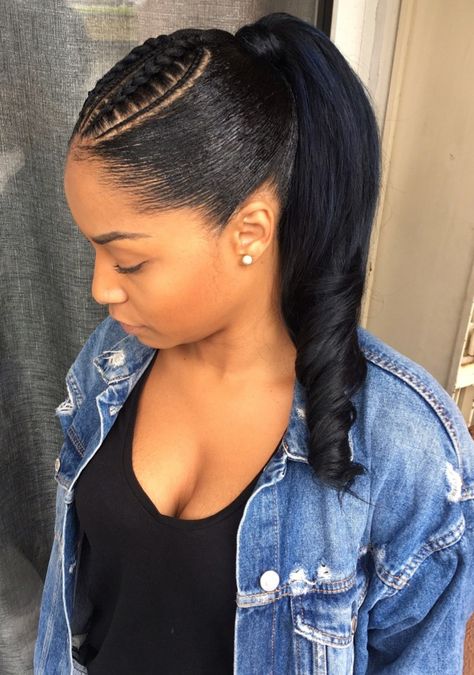 Braid In Front Ponytail In Back, Crinkly Ponytail Weave, Cornrows With Ponytail Weave, Ponytail With Cornrows On The Side, Ponytail Protective Style, Braided Hair Into Ponytail, Ponytail With Braids On Side, Ponytail With Cornrows, Bridesmaid Ponytail Hairstyles