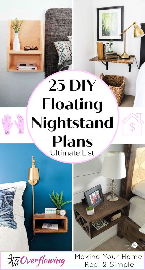 25 Easy to Build DIY Floating Nightstand / Side Table Plans Floating Side Table Night Stands, Stylish Nightstands, Floating Nightstand Diy, Diy Floating Nightstand, Hanging Side Table, Floating Bedside Shelf, Diy Bedside Table, Modern Floating Nightstand, Side Table Ideas