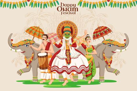 Happy onam festival design with kathakal... | Premium Vector #Freepik #vector #umbrella #culture #onam #costume Onam Poster Design, Happy Gandhi Jayanti Images, House Drawing For Kids, Happy Diwali Wallpapers, Hd Landscape, Indian Motif, Agriculture Drone, Diwali Wallpaper, Onam Celebration