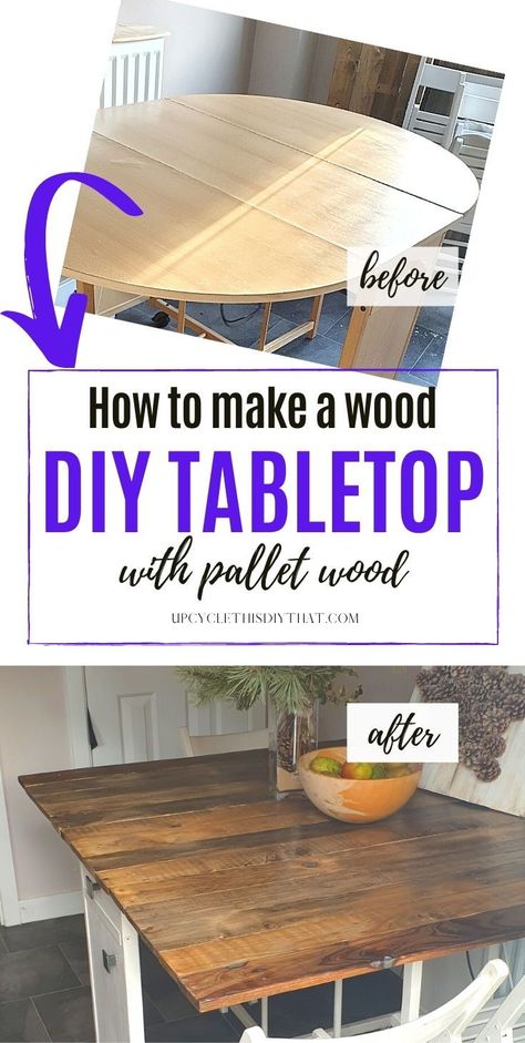 Do you want to know how to make a wood DIY table top from pallet wood? Then check out this kitchen table makeover. Follow steps for sanding, staining, and filling out holes with epoxy resin. Plus extra tips on painting furniture using chalk paint. Great tips to help you turn old and ugly into something fabulous! Click through for more details. Pallet Table Top Diy, How To Make A Table Top, Furniture Remodel, Pallet Table Top, Diy Tabletop, Pallet Tables, Wood Pallet Tables, Pallet Table Diy, Farmhouse Tabletop