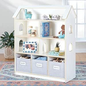 Guidecraft EdQ Dollhouse Bookcase - White: Bookshelf for Kids with Storage Bins for Dolls, Books, Toys, and School Supplies| Kid's Bedroom and Classroom Furniture Storage In Playroom, Dollhouse Bookshelf, Dollhouse Bookcase, Dress Up Storage, Kids Doll House, Bookshelves In Bedroom, Roof Shapes, Dollhouse Books, Learn And Play