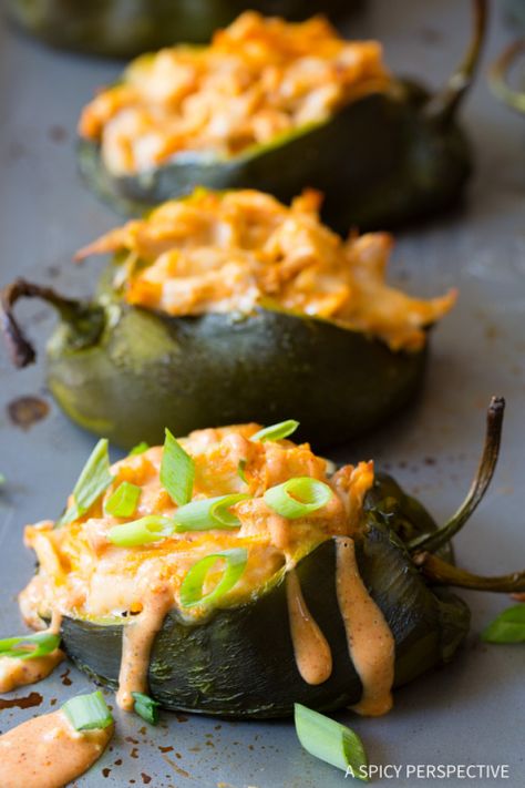 Zesty Buffalo Chicken Stuffed Poblano Peppers Recipe on ASpicyPerspective.com Buffalo Chicken Peppers, Chicken Stuffed Poblano Peppers, Chicken Stuffed Poblano, Peppers And Chicken, Stuffed Pepper Recipes, Bell Pepper Pizza, Best Stuffed Pepper Recipe, Buffalo Chicken Stuffed Peppers, Poblano Peppers Recipes