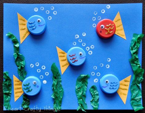 Water Bottle Crafts, September Crafts, Aktiviti Kanak-kanak, Bottle Cap Art, Fish Crafts, Bottle Cap Crafts, Ocean Crafts, Animal Crafts For Kids, Kindergarten Science