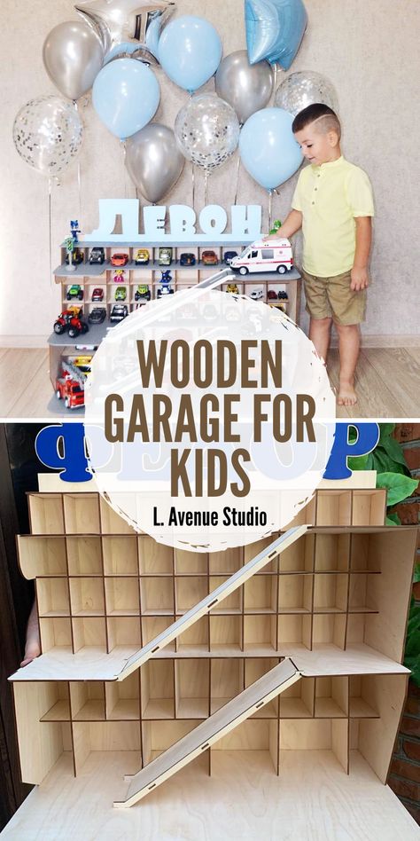 Garage for Hot Wheels by LAvenueStudio. Gift for boy | Big Car shelf | Toy car storage. This Big wooden car garage shelf (Toy car storage) for Cars is the great gift for every little motorist. This wooden car garage is made from plywood 4 and 6 mm. Storage Kids Toys, Wooden Car Garage, Kids Car Garage, Car Shelf, Birthday Party Menu, Toy Car Storage, Hot Wheels Display, Kids Toys For Boys, Wooden Garage