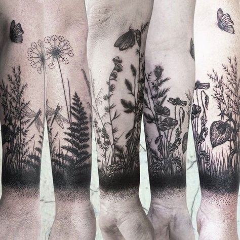 Botanical Tattoo Sleeve, Tattoo Bein Frau, Botanisches Tattoo, 42 Tattoo, Cuff Tattoo, Nature Tattoo Sleeve, Garden Tattoos, Petit Tattoo, Wildflower Tattoo