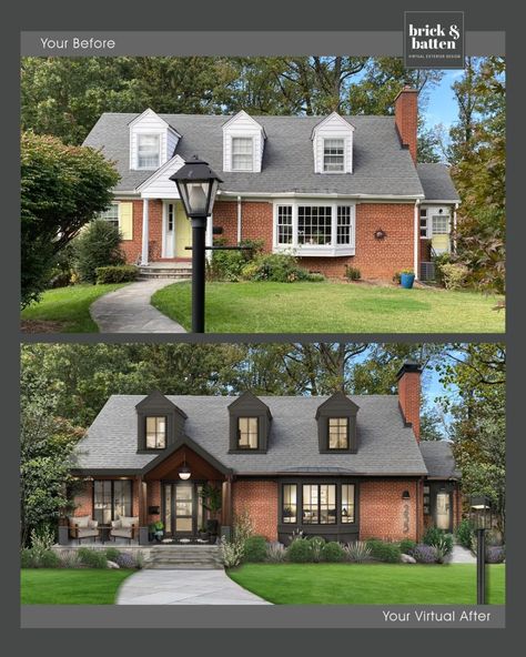 brick&batten on Instagram: “This Cape Cod style red brick home got a major facelift without painting the brick. Our designers recommended painting the siding around…” Red Brick Exterior Makeover, Red Brick House Front Porch, Bay Window Exterior Ideas, Modern Cape Cod House, Flip Homes, Modern Cape Cod, Brick House Exterior Makeover, Brick Ranch Houses, Cape Cod Exterior