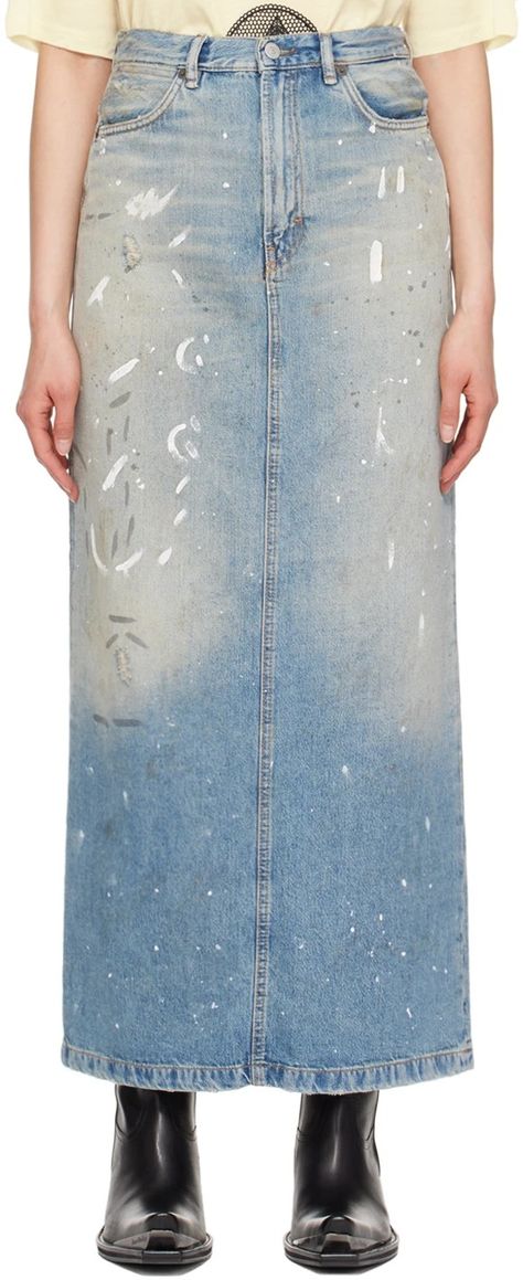 Blue Paint Splatter Denim Maxi Skirt by Acne Studios on Sale Painted Denim Skirt, Satin Wrap Skirt, Fuzzy Skirt, Check Mini Skirt, Stretch Denim Skirt, Denim Inspiration, Denim Maxi, Blue Tassel, Studio Blue