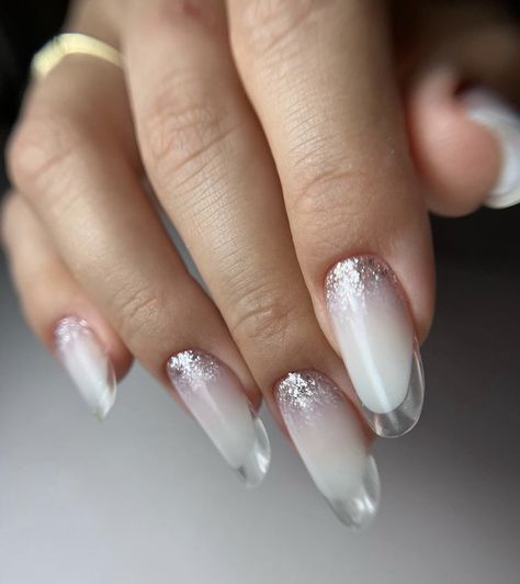 Clear White Christmas Nails, Ice Transparent Nails, White Iridescent Nails Almond, Iridescent White French Tip Nails, Glass French Nails, French Glass Nails Slim, French Glass Nails, Fence Nails, Slim Nails