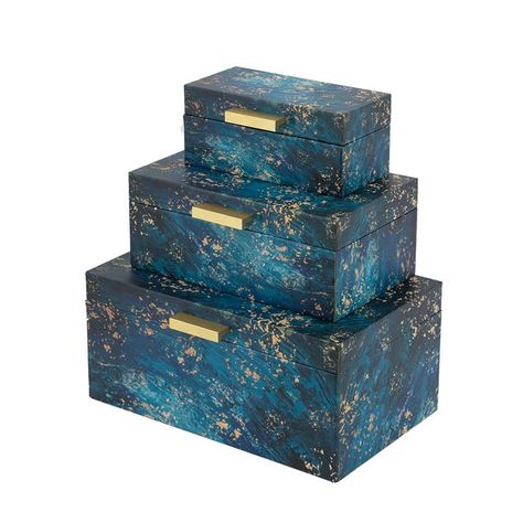 Set of 3 Decorative Rectangular Storage Boxes, Gold Handles, Blue Design By Casagear Home Decorative Storage Boxes, A&b Home, Modern Accessories, Gold Handles, Blue Box, Keep Jewelry, Blue Design, Blue And Gold, Table Top Decor