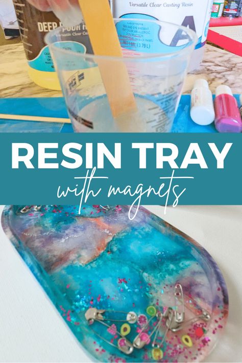 I just love the look of these small resin trays I'm seeing everywhere. With a nice flat surface, there are so many ways to customize it! I made a magnetic resin tray by embedding magnets in the pour. via @resincraftsblog Resin Wood Tray, Resin Dish, Diy Resin Tray, Clear Casting Resin, Resin Trays, Sewing Station, Tray Resin, How To Make Resin, Wooden Serving Tray