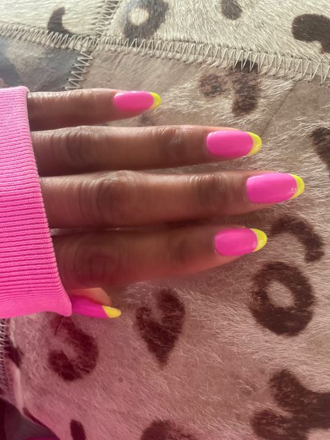 Hot Pink Manicure, Neon Pink Almond Nails Design, Neon Pink French Tip Nails Almond, Neon Pink French Manicure, Hot Pink Nails By Skin Tone Range, Neon French Manicure, Neon Pink Gel Polish, Neon Pink Nails, Hot Nail Designs